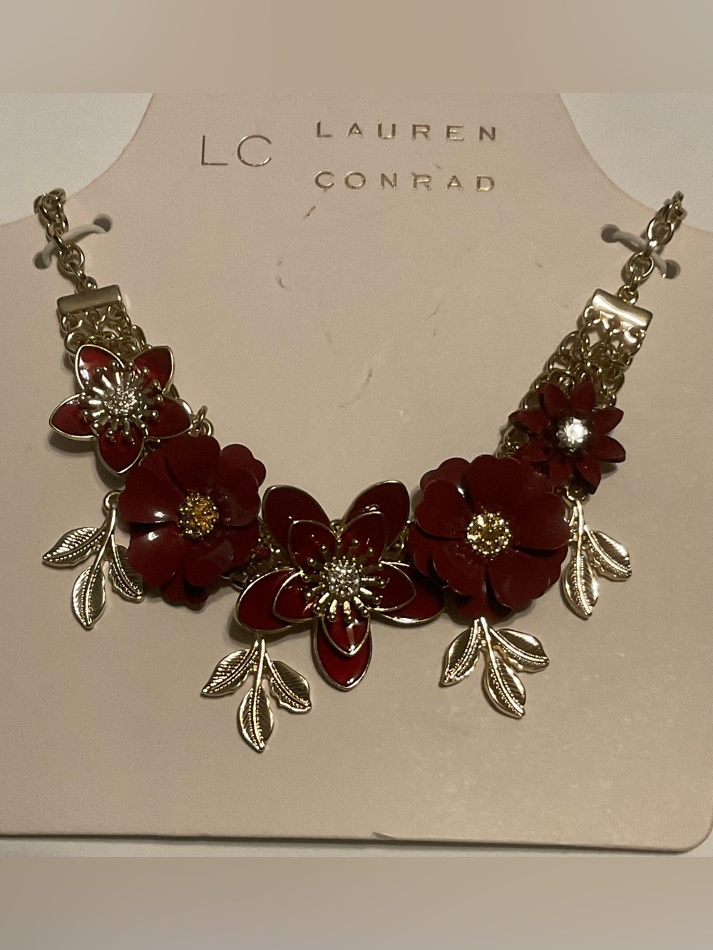 LC Lauren Conrad G:old Tone Red Flower Charm Pendant Rhinestone Necklace 19 in